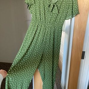 green and white polka dot jumpsuit